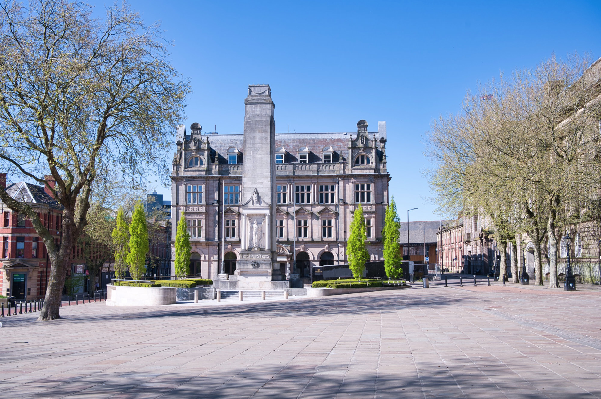 Preston Cenotaph and old Post Office, during lockdown